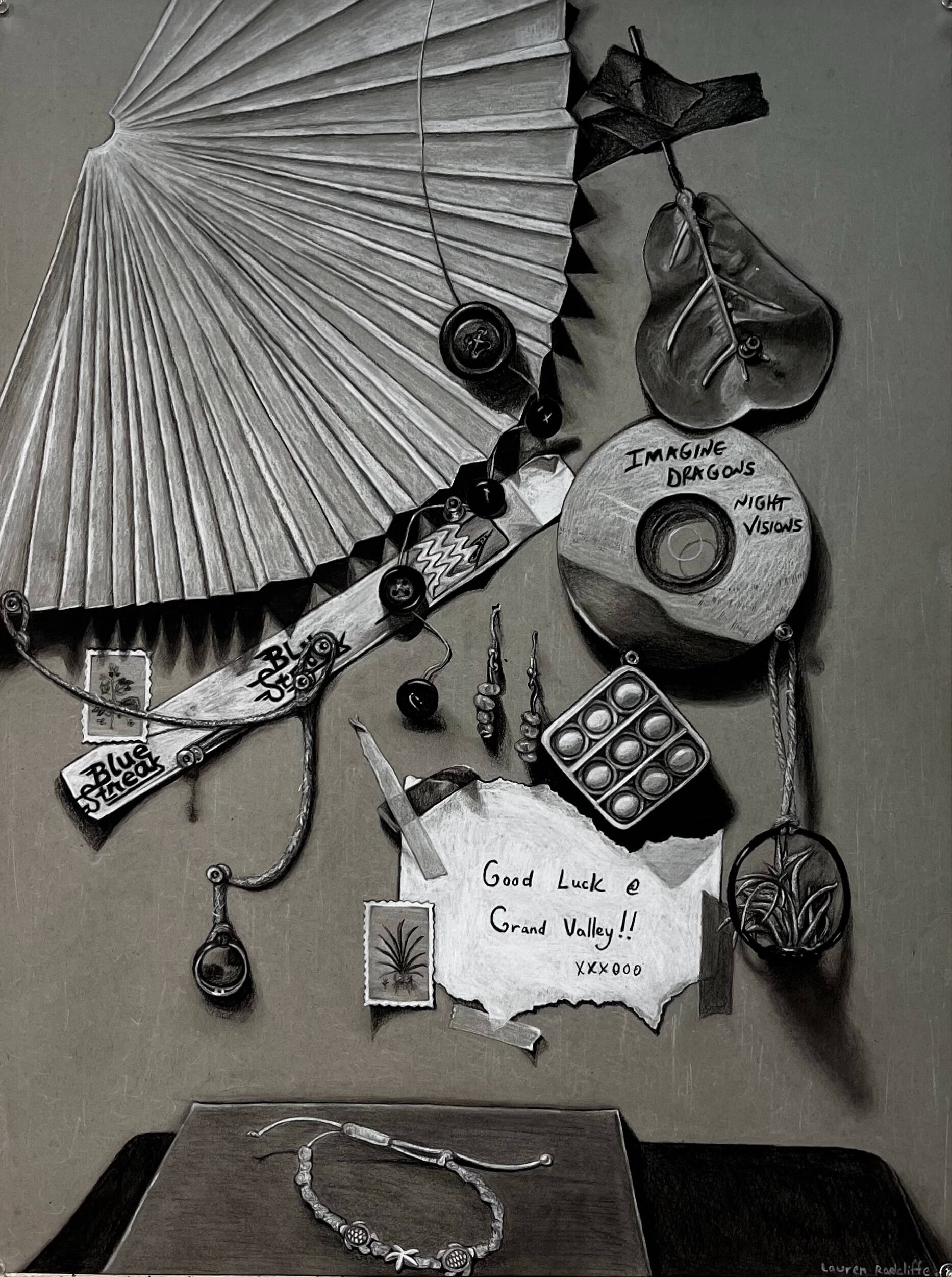 Realistic drawing of a scene put together with different objects including a fan, a CD, a bracelet and a fidget toy.